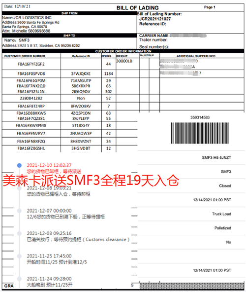 美森正班船卡派SMF3開船后全程19天入倉